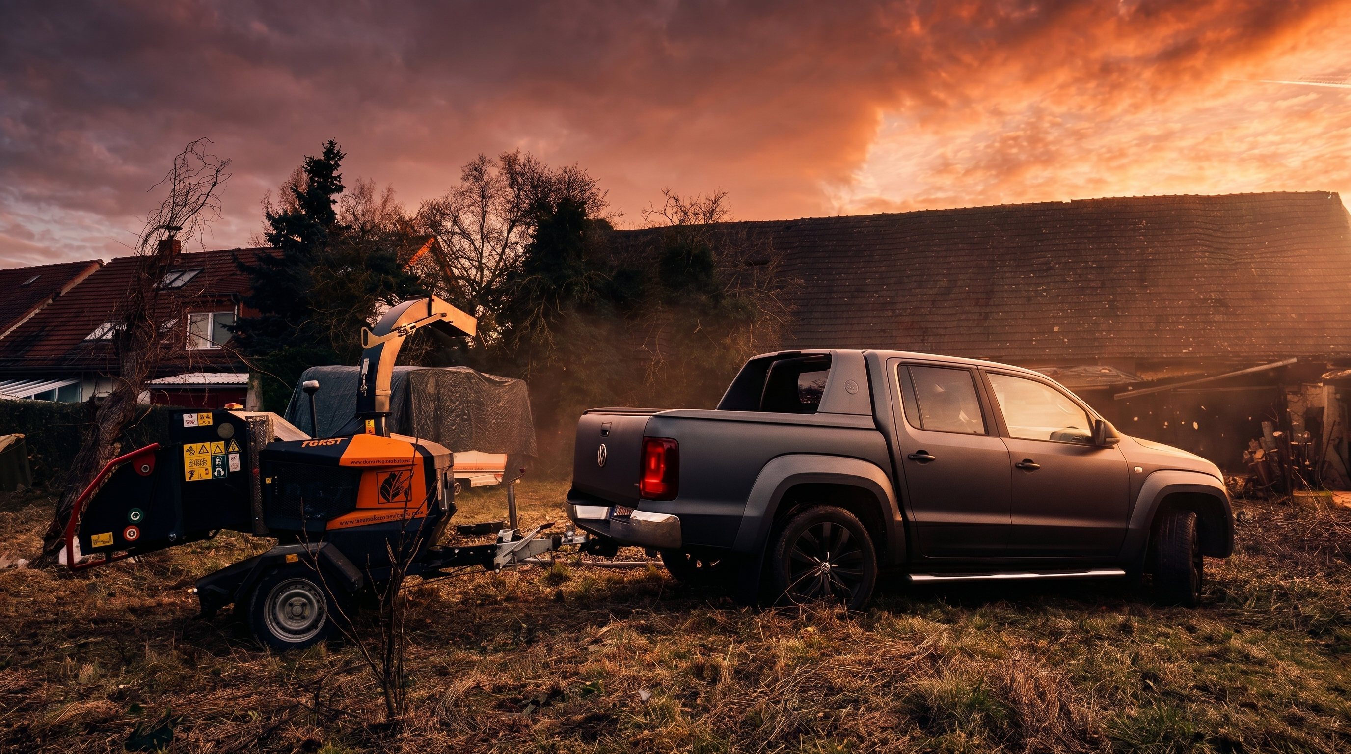 VW Amarok mit Häcksler bei Sonnenuntergang