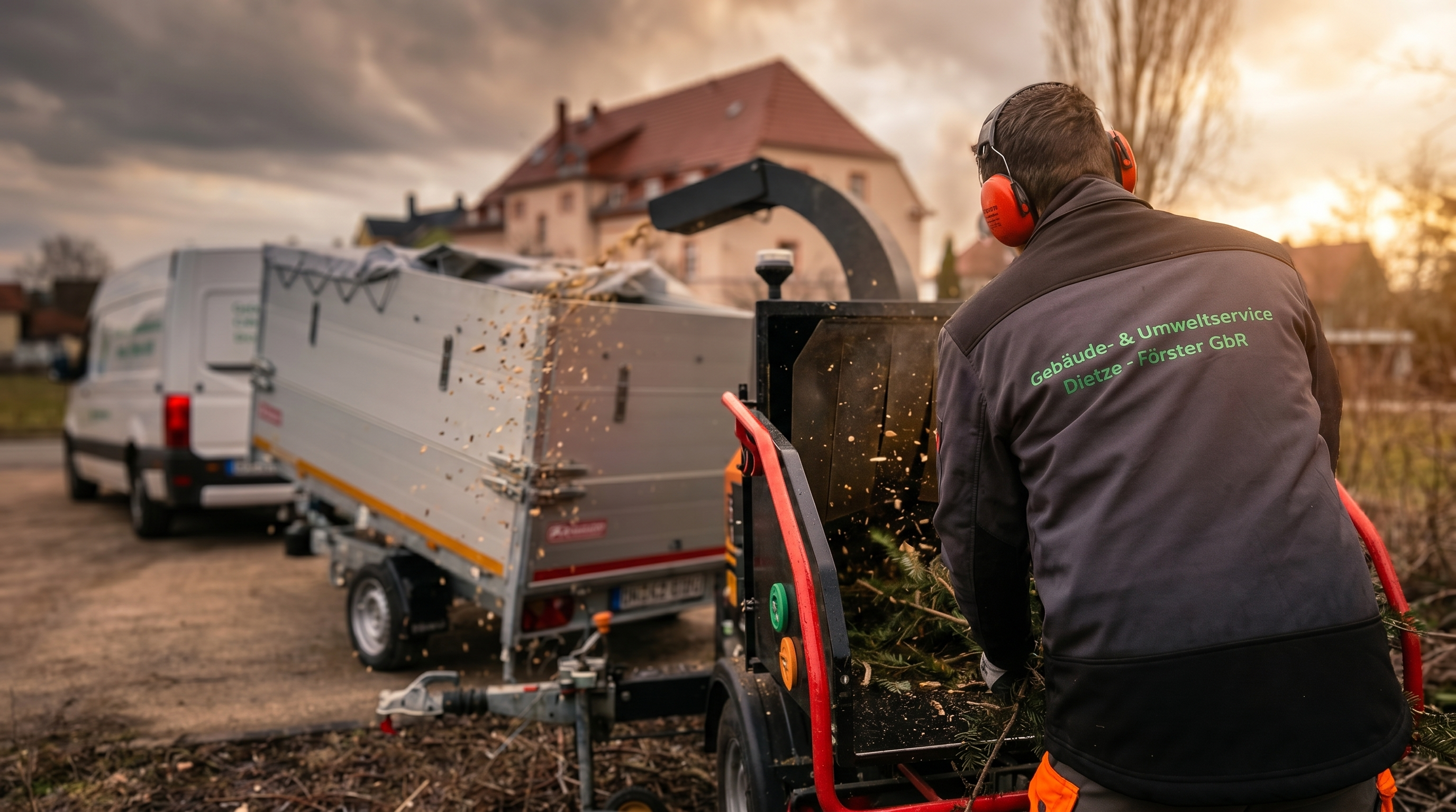 Mitarbeiter am Häcksler im Einsatz
